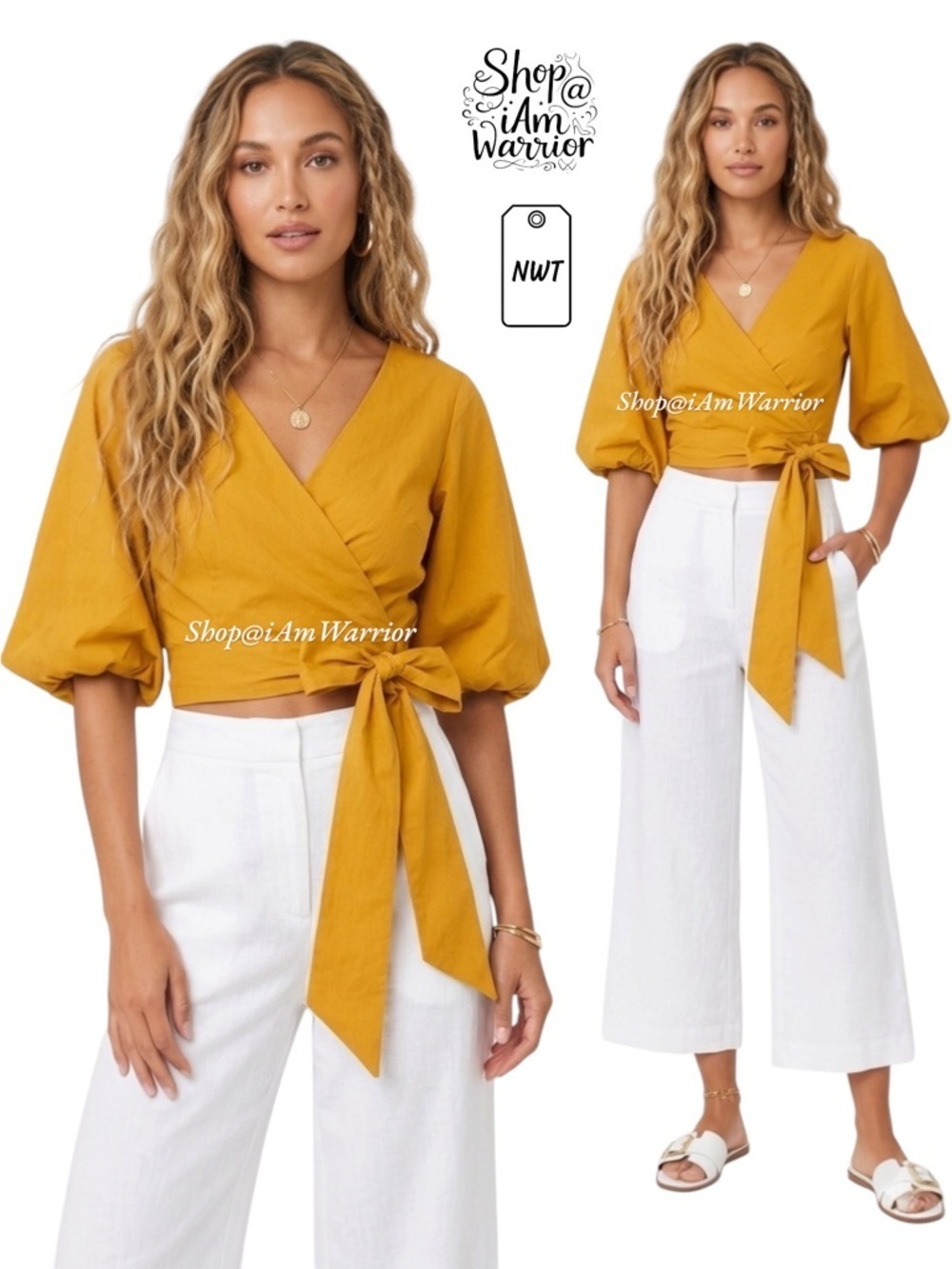 Finder’s Keepers NWT mustard gold puff sleeve cropped wrap top *shop@iamwarrior